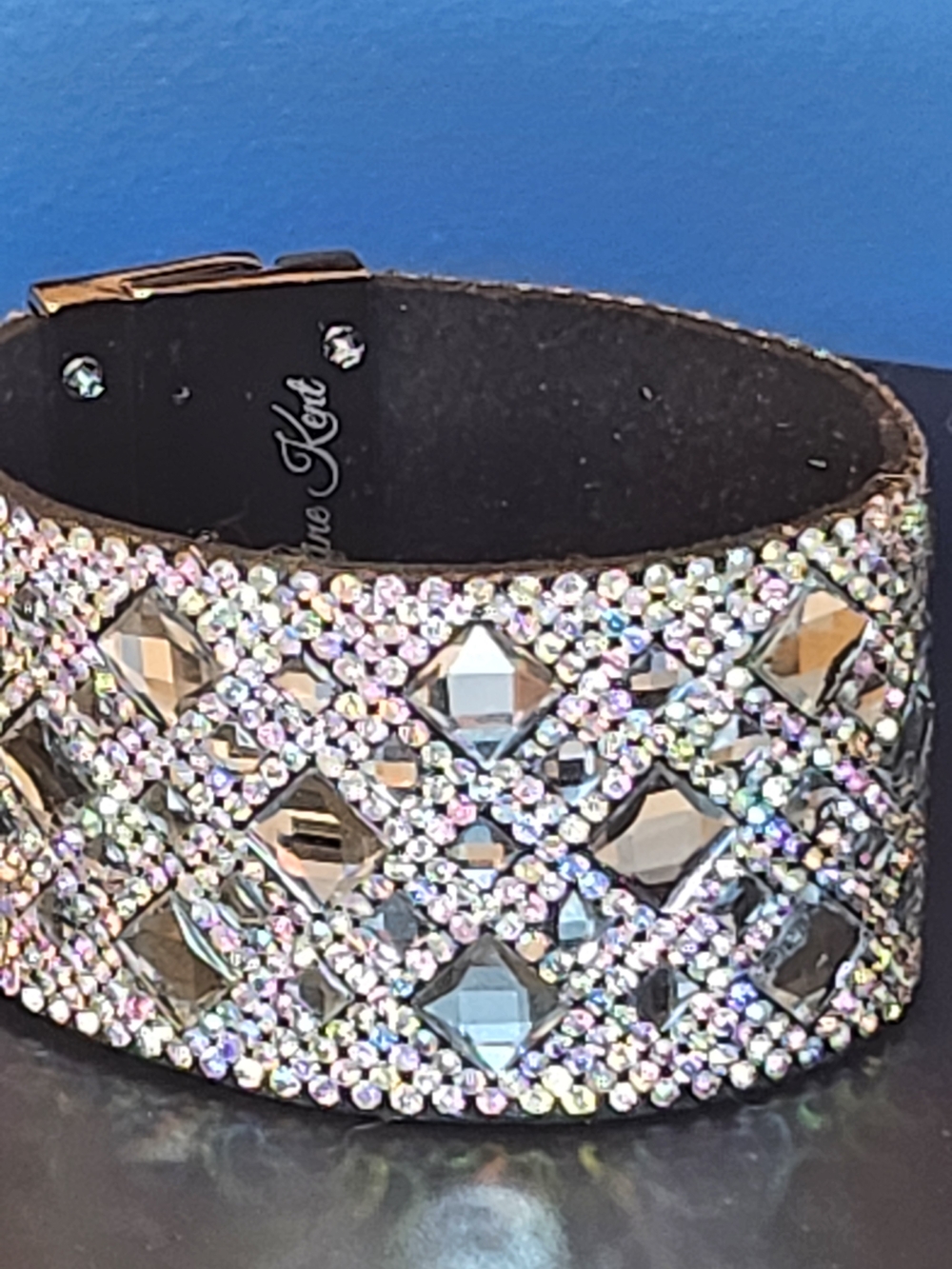 Jacqueline Kent Wide Crystal Cuff Bracelet 7.5" Silver Tone Rhinestone Statement